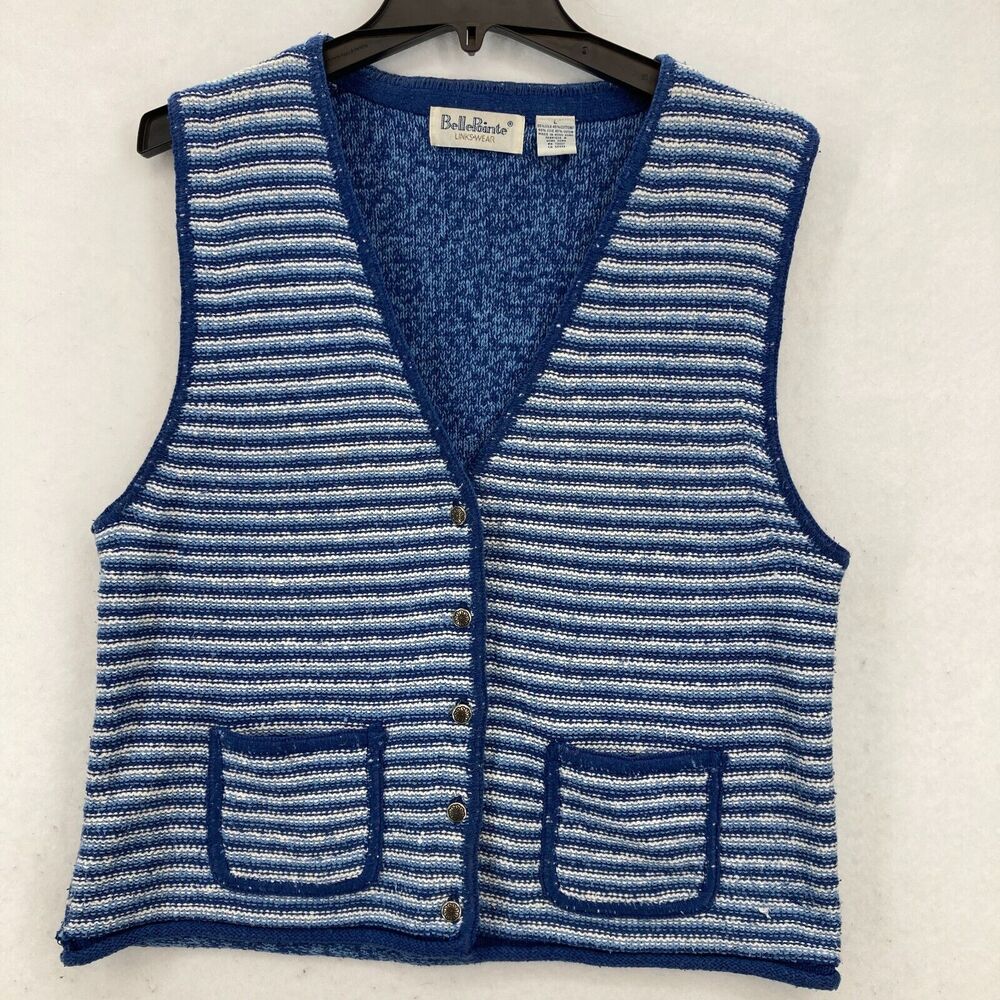 Belle Pointe Sweater‎ Vest Women's Large Blue Striped Silk Blend Sleeveless Y2K